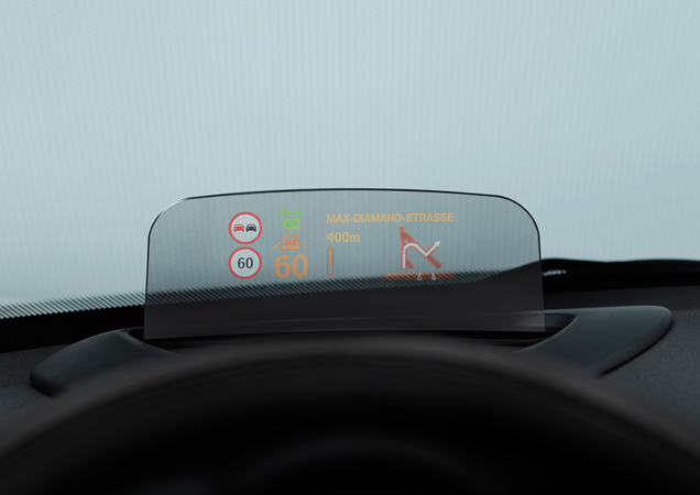 The Mini head-up display is shown just above the steering wheel