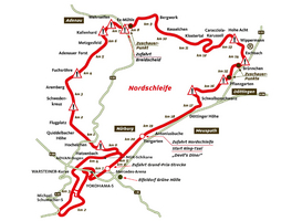 O traçado do Nürburgring (Nordschleife) com a indicação das zonas perigosas ao longo do circuito