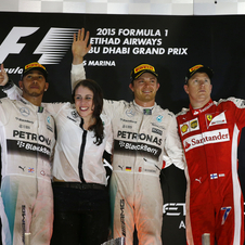 Lewis Hamilton and Kimi Raikkonen climbed to the podium alongside Nico Rosberg