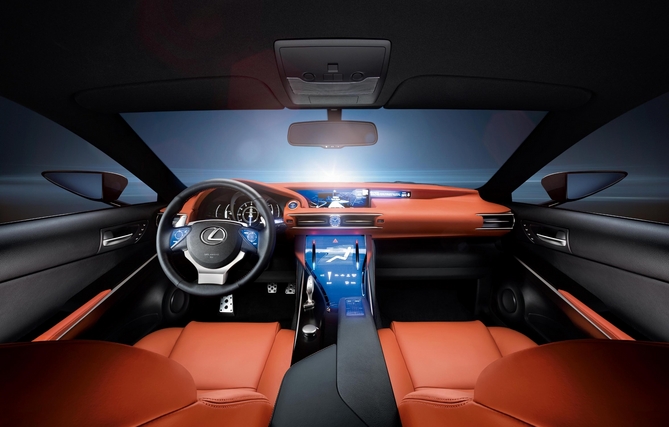 The interior brings together glass, leather and titanium 